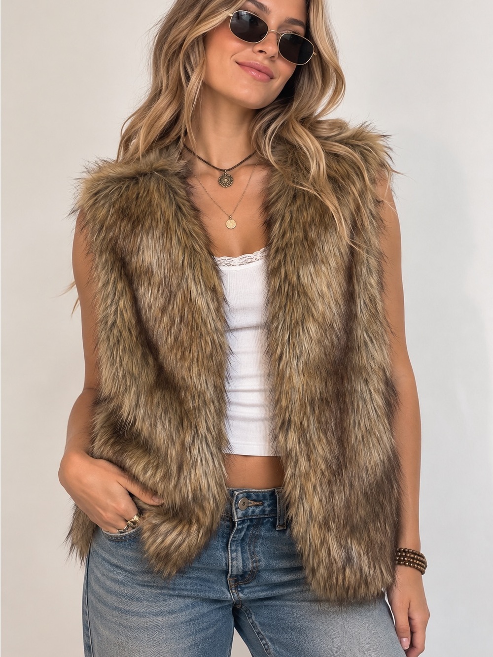 Tanning Faux Fur Vest in Warm Brown Tones side, small Y2K shaggy BoHo festival
